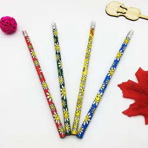 Colorful wooden pencils with cute smiley daisy patterns and erasers for student school stationery.