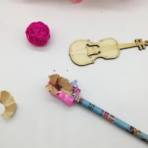 Children cartoon pencil with pink sharpener and cute decorative props for students.