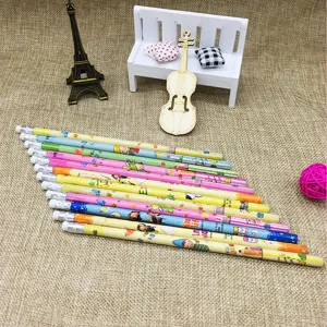 Colorful cartoon wooden pencils with eraser head, cute student writing stationery.