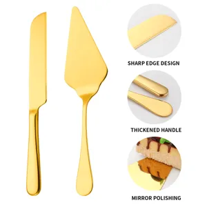 Ensemble couteau et pelle à gâteau en acier inoxydable doré pour mariages et pâtisserie.