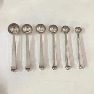 Stainless steel measuring spoon clips set of 6, multi-size baking coffee scoops with sealing clips.