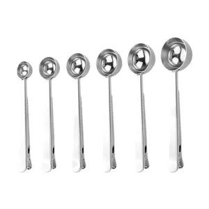 Stainless steel measuring spoon with clip set, multi-size coffee scoop and baking tool main image.