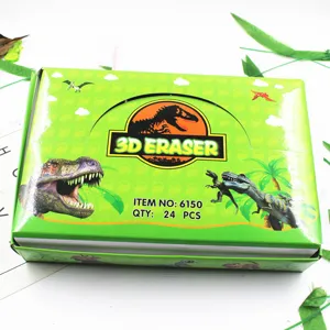 Vue détaillée du kit de gommes dinosaure 3D, boîte cadeau avec 24 pièces de papeterie.