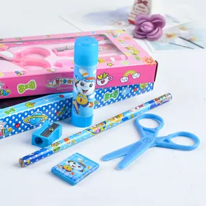 Cute cartoon kids stationery set detail, including blue pencils, scissors, eraser and glue.