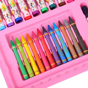 Children painting stationery set detail, colorful crayons and markers in pink tray.