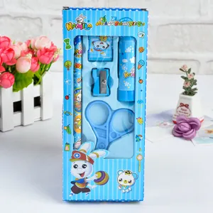 Cute cartoon children stationery set 5-piece school gift box with pencil and scissors.