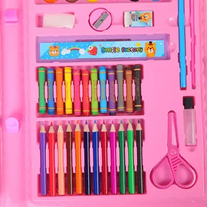 Kids art stationery set featuring colored pencils, crayons, ruler, and scissors in pink case