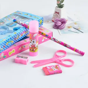 Close-up view of lovely cartoon rabbit stationery set details, featuring colorful pens and erasers.