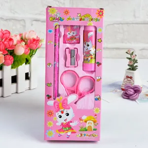 Kids pink cartoon stationery gift set with pencil eraser sharpener scissors 5 pcs.