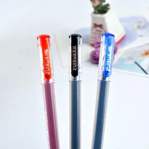 Detailed view of colorful gel pens with transparent barrels and colored caps for office and school.