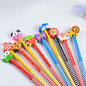 Set di matite in legno con gomma cartoon, design a righe colorate per studenti scolastici.