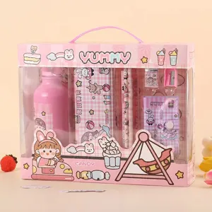 Cute cartoon stationery gift set with pink water bottle and pencil case for kids school.