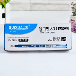 Detailed view of the 0.38mm gel ink pen packaging box, showing large capacity writing stationery.