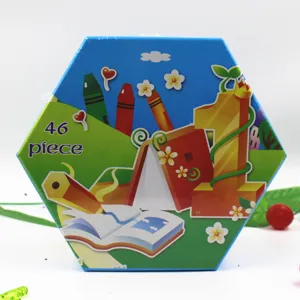Children 46-piece art set detail, colorful drawing stationery box for kids school supply.