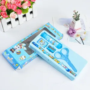 Cute cartoon stationery set 5 pieces for kids school supplies detail view with pencils eraser.