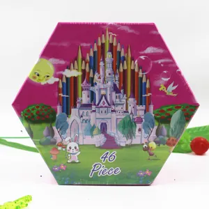Detailed view of the 46-piece kids art stationery gift box with colorful pencil and castle design.