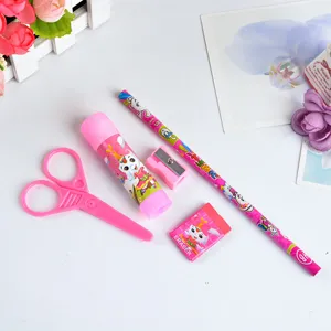 Cute pink kids stationery set including pencil, eraser, sharpener, scissors, and glue stick.