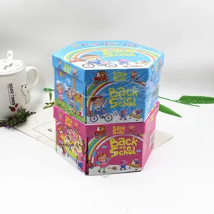46 piece kids stationery set hexagonal box detail showing colorful pens and cute cartoon design