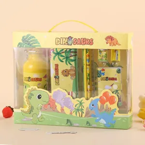 Children cartoon dinosaur stationery gift set with water bottle and pencil case for kids.