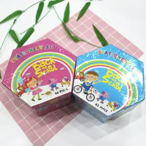 Close-up of 46-piece kids stationery set boxes with colorful back to school cartoon designs.