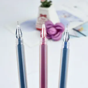 Close-up view of clear gel pens with diamond cut tips and visible ink for office stationery.