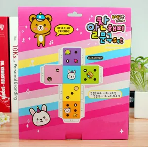 Cute cartoon stationery set for kids gift, pink packaging box with various school supplies.