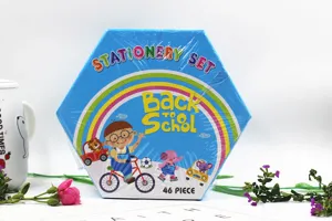 Detailed view of the 46 piece kids educational stationery set in a colorful hexagonal box.