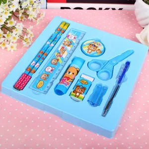 Children's 10-piece stationery gift set with cute cartoon bear design, blue tray.