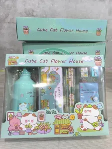 Detailed view of the mint green cartoon cat stationery gift box containing cute items.