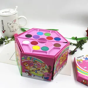 Detailed view of the 46-piece children educational stationery set, hexagonal box with watercolor pens.