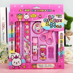 Cute cartoon stationery set featuring pink packaging box, perfect gift for kids students.