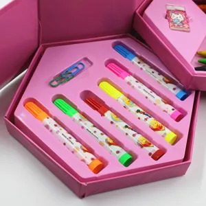 Kids cartoon stationery set with colorful markers and gift box for school art drawing