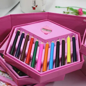 Children colored pencil set pink hexagonal box drawing stationery kindergarten student art supplies