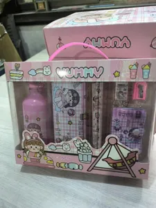Pink cartoon stationery gift set with water bottle and pencil case for children.