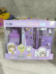 Cute purple cartoon stationery set for kids, includes water bottle, pencils, notebook and gifts.