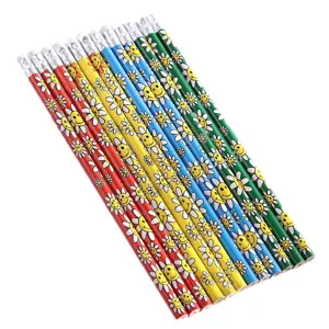 Matite in legno colorate con fiori sorridenti e gomma, cancelleria per studenti.