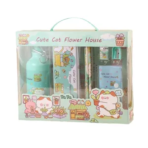 Kids cartoon stationery gift set with water bottle pencil case cute cat design green