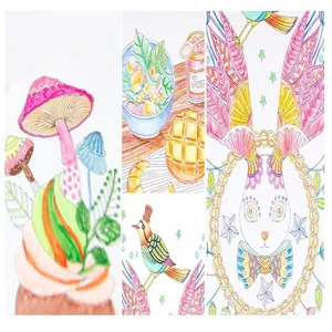 Close-up details of vibrant colored drawings showcasing smooth strokes and rich color blending.