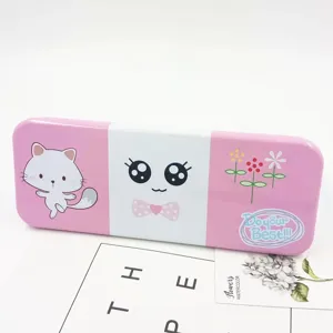 Süße rosa Metallfedermappe mit Katzenmotiv und Blumen, doppelseitige Schüler Schreibwaren Box.