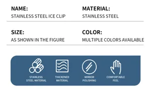 Durable stainless steel ice clip specification detail showing material, size and key features.
