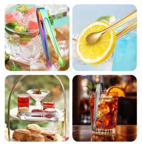 Stainless steel ice tongs for bar and kitchen use, durable metal sugar cube serving clips.