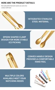 Stainless steel ice tongs detail view, showing integrated design and various bright colors.