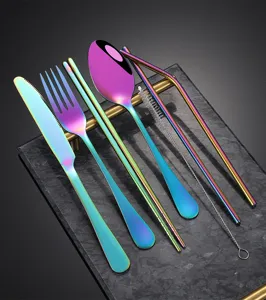 Rainbow Stainless Steel Cutlery Set Portable Fork Spoon Knife Straws Set 8 Pcs
