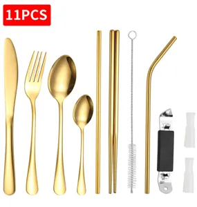 Set de couverts dorés en acier inoxydable 11pcs avec couteau fourchette cuillère