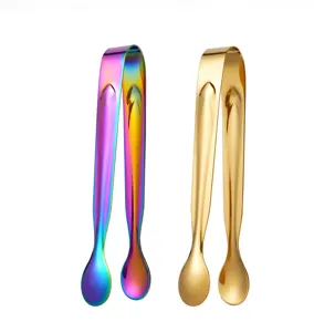 Stainless steel ice tongs detail, kitchen sugar clip tool, polished electroplating surface.