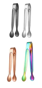 Stainless steel ice tongs close up, multi-color kitchen sugar tongs detail view.