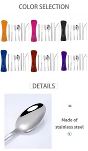Stainless steel portable cutlery set, tableware with spoon fork and straw for camp picnic.