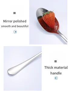 Stainless steel spoon detail showing mirror polish and thick handle design for everyday dining.