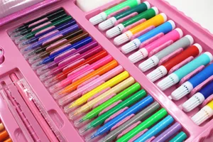 Detailed view of the colorful marker pens neatly arranged in a pink plastic storage case.