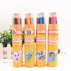Colorful barrel colored pencil set with cute cartoon animals for kids daily art painting.